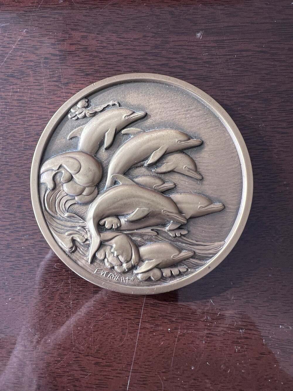1984 DANCE OF THE DOLPHINS By DON EVERHART Bronze CALENDAR MEDALLION Large Coin